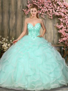 Super Apple Green Ball Gowns Sweetheart Sleeveless Tulle Floor Length Lace Up Beading and Ruffles Vestidos de Quinceanera