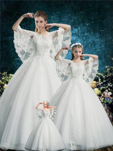 White Scoop Lace Up Lace Vestidos de Quinceanera Half Sleeves