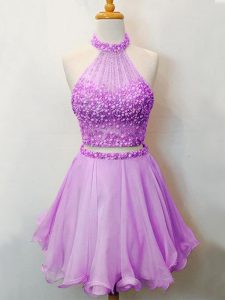Sexy Lilac Two Pieces Halter Top Sleeveless Organza Knee Length Lace Up Beading Quinceanera Dama Dress