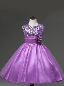 Tulle Scoop Sleeveless Zipper Sequins and Hand Made Flower Pageant Dress Wholesale in Lilac