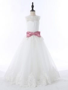 Stunning White Sleeveless Lace and Bowknot Floor Length Kids Pageant Dress