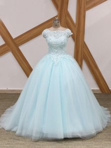Light Blue Zipper Ball Gown Prom Dress Beading and Lace Sleeveless Brush Train
