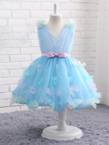 Perfect Baby Blue High School Pageant Dress Wedding Party with Appliques and Hand Made Flower Scoop Sleeveless Zipper