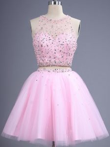 Pink Dama Dress Prom and Party and Wedding Party with Beading and Lace Scoop Sleeveless Zipper