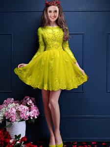 Clearance Beading and Lace and Appliques Vestidos de Damas Yellow Lace Up 3 4 Length Sleeve Mini Length