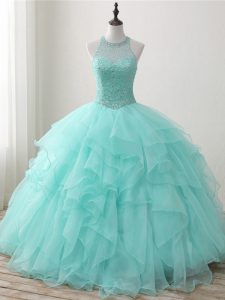 Scoop Sleeveless Lace Up Ball Gown Prom Dress Apple Green Organza