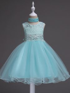 Aqua Blue Ball Gowns Organza Scoop Sleeveless Beading and Lace Knee Length Zipper Pageant Dresses