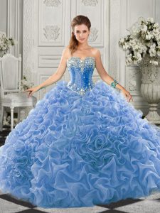 Nice Sleeveless Beading and Ruffles Lace Up Quinceanera Dresses with Light Blue Court Train