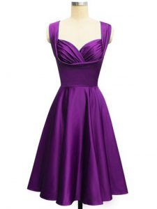 Straps Sleeveless Quinceanera Dama Dress Knee Length Ruching Eggplant Purple Taffeta