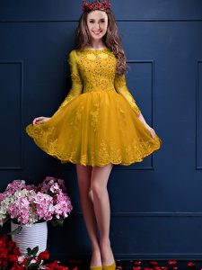 Mini Length Gold Dama Dress Chiffon 3 4 Length Sleeve Beading and Lace and Appliques