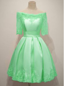 Apple Green A-line Taffeta Off The Shoulder Half Sleeves Lace Knee Length Lace Up Court Dresses for Sweet 16