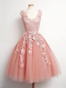 Deluxe Knee Length Peach Quinceanera Dama Dress V-neck Sleeveless Lace Up