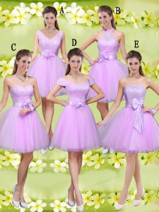 Decent Sleeveless Tulle Knee Length Lace Up Dama Dress for Quinceanera in Lilac with Lace and Belt