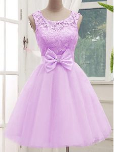 Knee Length Lilac Quinceanera Dama Dress Scoop Sleeveless Lace Up