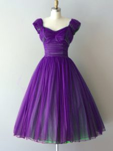 Purple V-neck Neckline Ruching Quinceanera Dama Dress Cap Sleeves Lace Up