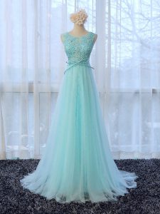 Apple Green Empire Lace and Bowknot Dama Dress for Quinceanera Zipper Tulle Sleeveless
