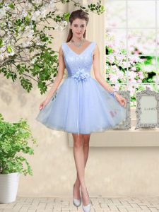 Fashionable Knee Length Lavender Damas Dress Tulle Sleeveless Lace and Belt