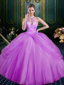 Stylish Floor Length Lace Up Sweet 16 Quinceanera Dress Lilac for Military Ball and Sweet 16 and Quinceanera with Beading and Pick Ups