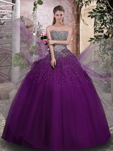 Wonderful Purple Ball Gowns Tulle Strapless Sleeveless Beading Floor Length Lace Up 15 Quinceanera Dress