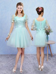 Wonderful Sleeveless Tulle Mini Length Lace Up Quinceanera Dama Dress in Aqua Blue with Appliques