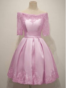 Knee Length Lilac Quinceanera Court Dresses Off The Shoulder Half Sleeves Lace Up