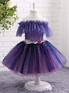 Gorgeous Knee Length Purple Evening Gowns Tulle Short Sleeves Beading and Hand Made Flower