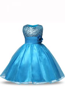 New Style Knee Length Zipper Glitz Pageant Dress Baby Blue for Wedding Party with Sequins and Hand Made Flower