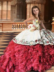 Embroidery and Ruffles Kids Pageant Dress White And Red Lace Up Sleeveless Brush Train