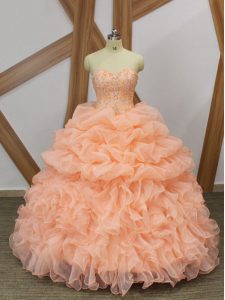 Peach Sleeveless Beading and Ruffles and Pick Ups Lace Up Sweet 16 Dress