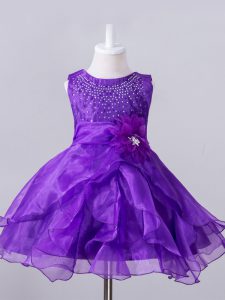 Stylish Scoop Sleeveless Pageant Dress for Teens Knee Length Beading and Hand Made Flower Purple Organza
