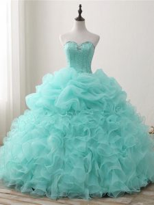 Apple Green Sleeveless Organza Lace Up Quinceanera Gown for Military Ball and Sweet 16 and Quinceanera