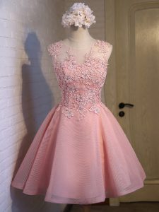Romantic Pink Sleeveless Mini Length Lace Lace Up Vestidos de Damas