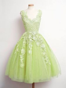 Yellow Green Lace Up Damas Dress Lace Sleeveless Knee Length