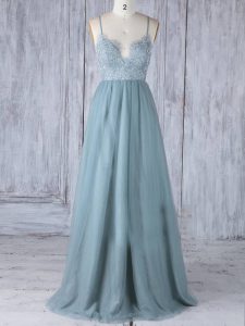 Sophisticated Floor Length Grey Dama Dress Spaghetti Straps Sleeveless Zipper