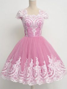 Cute Cap Sleeves Tulle Knee Length Zipper Quinceanera Court Dresses in Rose Pink with Lace