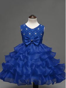 Royal Blue Zipper Scoop Lace and Ruffled Layers and Bowknot Pageant Gowns For Girls Organza Sleeveless