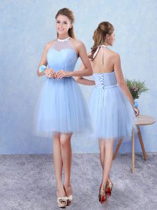 Halter Top Sleeveless Dama Dress for Quinceanera Knee Length Ruching Blue Tulle
