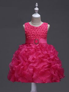 Best Hot Pink Sleeveless Ruffles and Belt Knee Length Glitz Pageant Dress