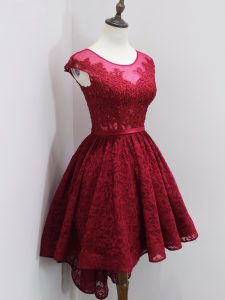 Wine Red Lace Zipper Scoop Cap Sleeves High Low Quinceanera Dama Dress Beading and Lace