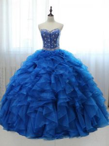 Beautiful Royal Blue Organza and Tulle Lace Up Sweet 16 Dress Sleeveless Floor Length Beading and Ruffles