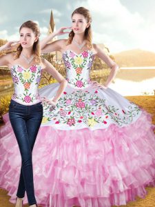 Ideal Rose Pink Lace Up 15 Quinceanera Dress Embroidery and Ruffled Layers Sleeveless Floor Length