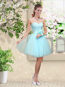 Customized Sweetheart Sleeveless Dama Dress Knee Length Lace and Belt Aqua Blue Tulle