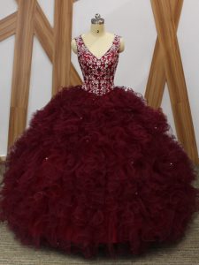 Adorable Floor Length Backless Quinceanera Gown Burgundy for Military Ball and Sweet 16 and Quinceanera with Beading and Ruffles