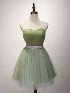 Olive Green Sweetheart Neckline Beading and Ruching Quinceanera Dama Dress Sleeveless Lace Up