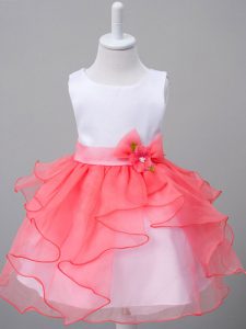 Scoop Sleeveless Custom Made Pageant Dress Knee Length Ruffles and Bowknot White And Red Organza