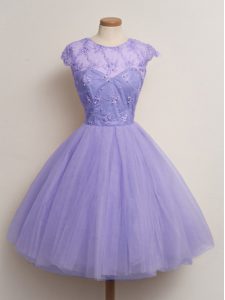Lavender Tulle Lace Up Scoop Cap Sleeves Knee Length Damas Dress Lace