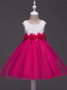 New Arrival Sleeveless Zipper Knee Length Lace and Hand Made Flower Little Girl Pageant Dress