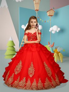 Adorable Red Tulle Lace Up Off The Shoulder Sleeveless Floor Length Little Girls Pageant Dress Appliques and Embroidery
