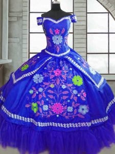 Blue Lace Up Sweet 16 Dress Beading and Embroidery Short Sleeves Floor Length