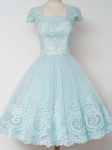 Fashion Aqua Blue Dama Dress for Quinceanera Prom and Party and Wedding Party with Lace Square Cap Sleeves Zipper